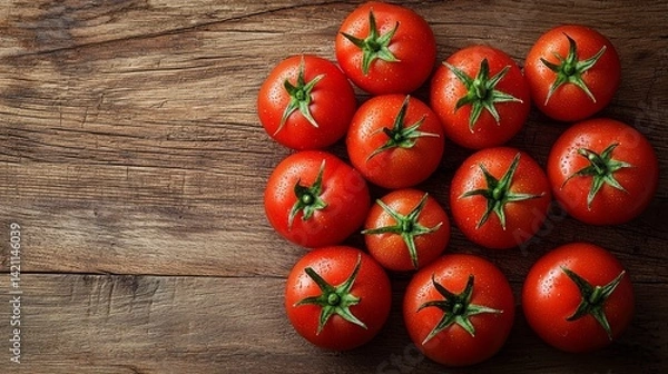 Fototapeta A bunch of tomatoes sitting on top of a wooden table
