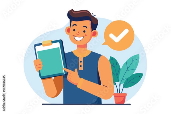 Obraz A cheerful cartoon character holding a clipboard with a checkmark, symbolizing success and completion. Ideal for concepts related to tasks, approval, and positivity.