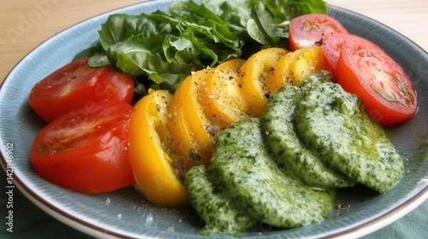 Fototapeta Colorful tomato and basil salad