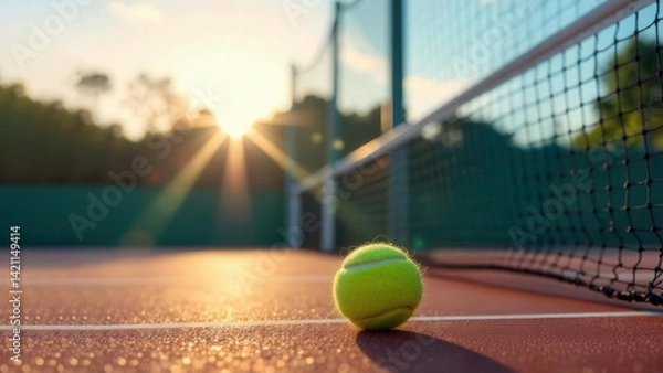 Fototapeta Tennis ball on court, background sunlight and netting, banner