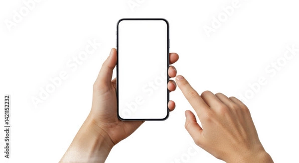 Fototapeta Hands holding a smartphone with a blank white screen ready for content and a finger about to tap it