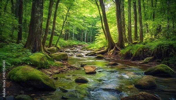Fototapeta Sunlit forest stream with moss-covered tree roots and flowing water in lush green woods