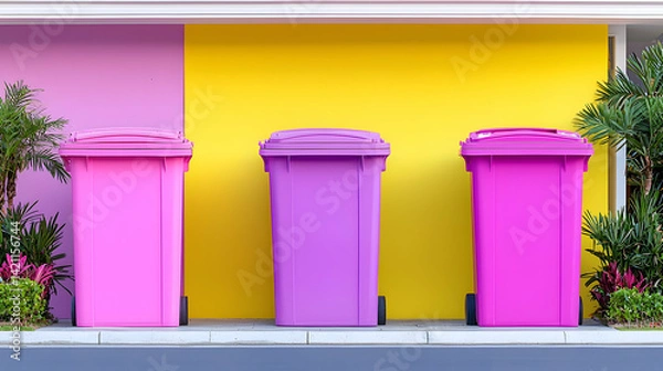 Obraz Three Colorful Recycling Bins Against a Yellow and Pink Wall