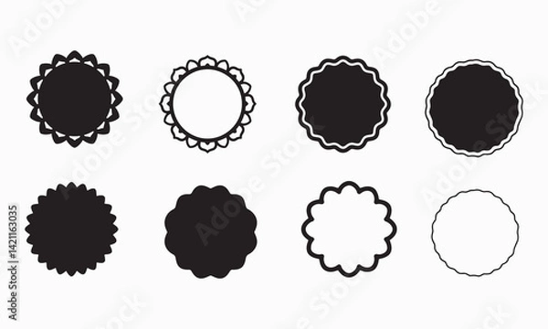 Fototapeta Scalloped Circle Frame Vector Set – Black and White Round Badge and Label Templates