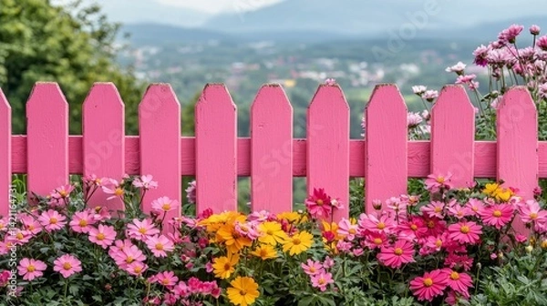 Fototapeta A pink picket fence surrounded by colorful flowers in a garden