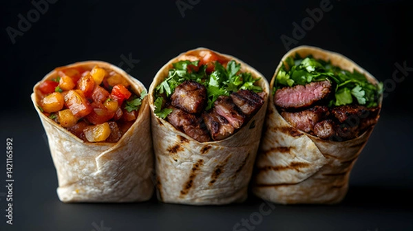 Fototapeta Three Grilled Burritos with Various Fillings on Dark Background