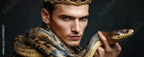 Fototapeta Happy American man in a golden crown, with a glowing giant snake draped around neck.