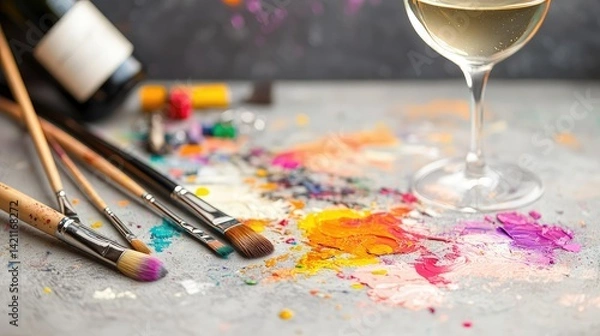 Fototapeta Painter table with white wine and a set of brushes, colorful smudges and textures as backdrop