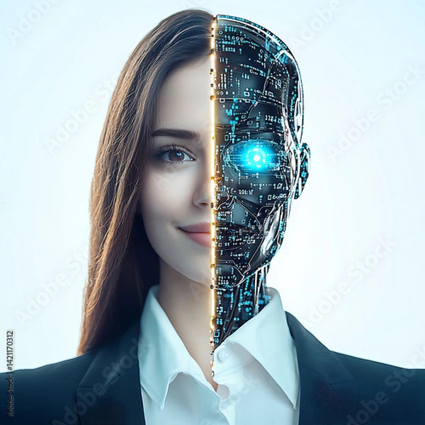 Fototapeta Half human, half robot concept, futuristic AI technology and innovation, digital transformation
