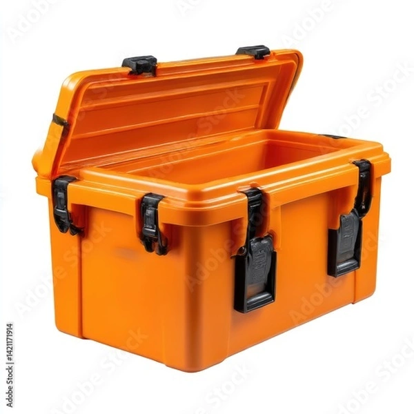 Obraz An orange plastic storage box or tool box isolated on a white background