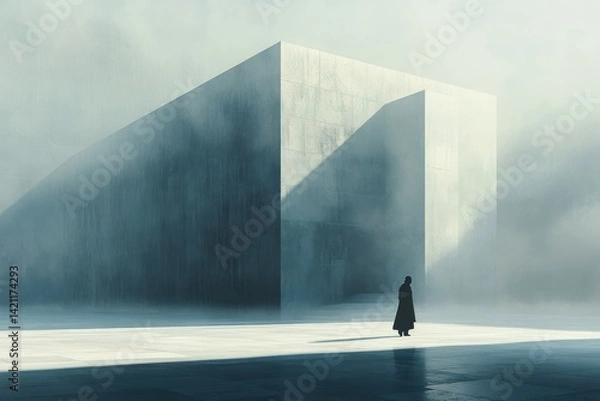 Fototapeta Misty, minimalist scene with a figure and a large concrete structure