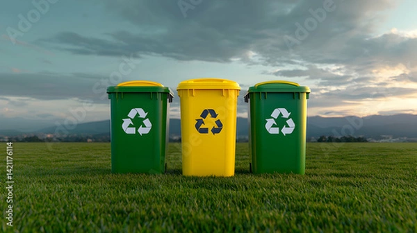 Obraz Three Recycling Bins on Grassy Field at Sunset