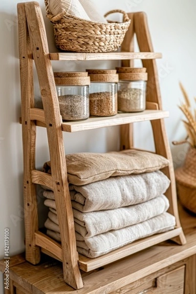Fototapeta Rustic wooden shelving with linens, baskets, and jars in cozy home setting