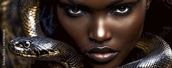 Fototapeta Black snake slithering across shoulder of a bold Indian woman