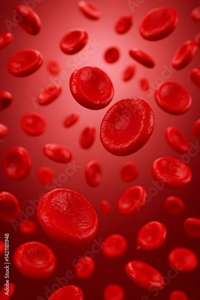 Obraz 3D rendered image of red blood cells flowing through the bloodstream, representing circulation, biology, healthcare, and the human body system.