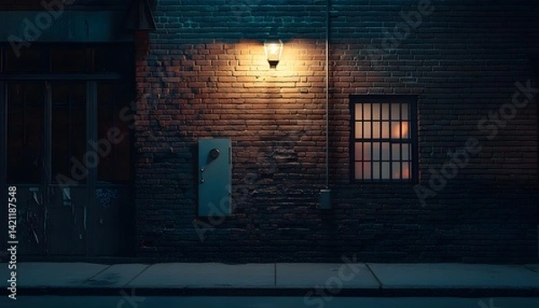 Fototapeta Dimly lit brick wall with closed door and glowing outdoor lantern at night