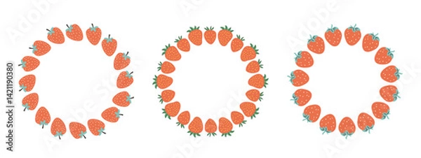 Fototapeta Fruit frame set. Strawberry design template, copy space. Cute hand drawn fruits round frame in doodle style. Circular template. Hand drawn fruits circle border.