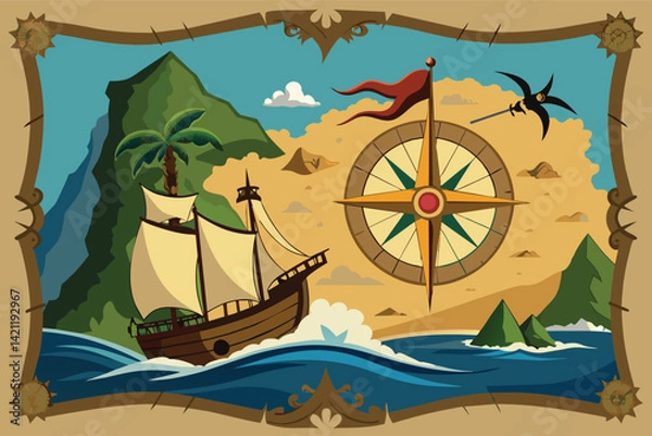 Fototapeta Illustration of a vintage-style pirate map featuring a compass, a ship navigating the ocean, and a tropical island.