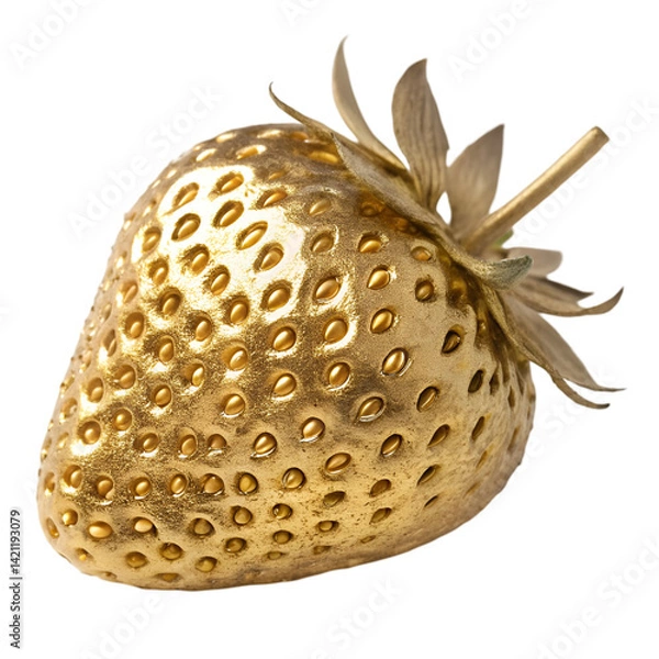 Obraz Hyper-realistic golden strawberry with metallic sheen and detailed surface texture, a luxurious and surreal fruit concept for design or advertising, isolated on transparent background.