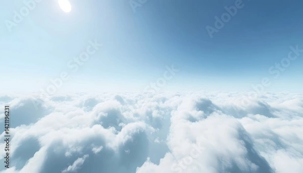 Fototapeta Clear blue sky with fluffy white clouds illuminated by bright sunlight, creating a fresh and peaceful atmosphere high above the earth on a sunny day