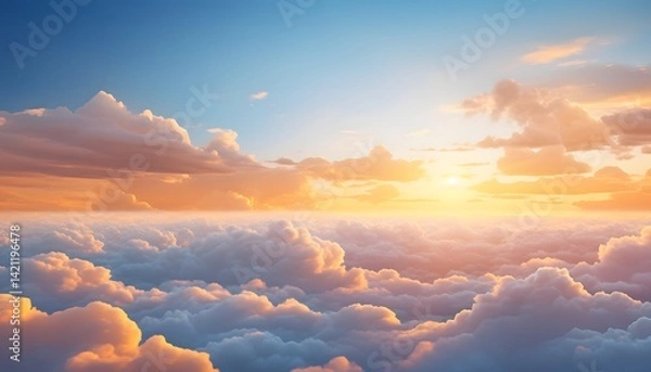 Fototapeta Beautiful sunset scene showing a vast sky filled with soft fluffy clouds illuminated by warm orange and pink sunlight, creating a peaceful and glowing atmosphere above the horizon