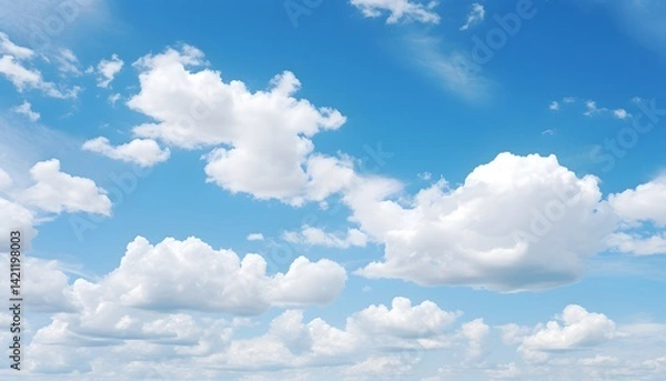 Fototapeta Clear blue sky filled with soft, fluffy white clouds floating gently, creating a bright and peaceful atmosphere on a sunny day with natural daylight