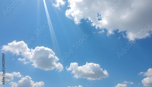 Fototapeta Clear blue sky filled with soft, fluffy white clouds floating gently, creating a bright and peaceful atmosphere on a sunny day with natural daylight