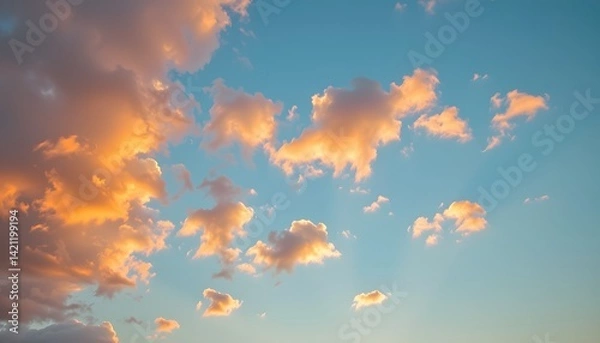 Fototapeta Beautiful sunset clouds illuminated by warm sunlight, showing soft orange and pink colors blending with the blue sky for a calm and serene evening atmosphere