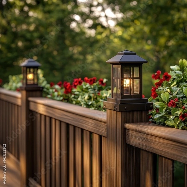 Fototapeta Outdoor deck lighting and railing with red flowers in the evening garden