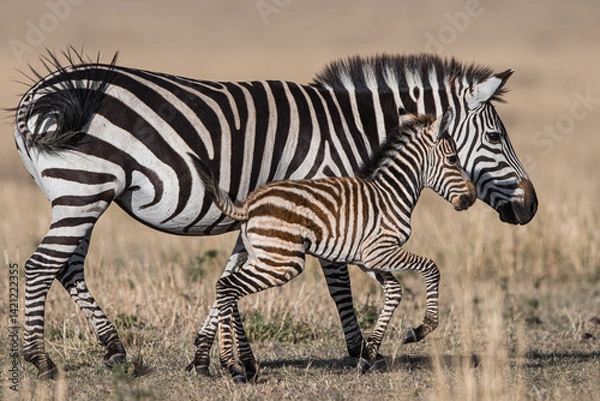 Fototapeta Mother zebra and her young foal walking side by side 