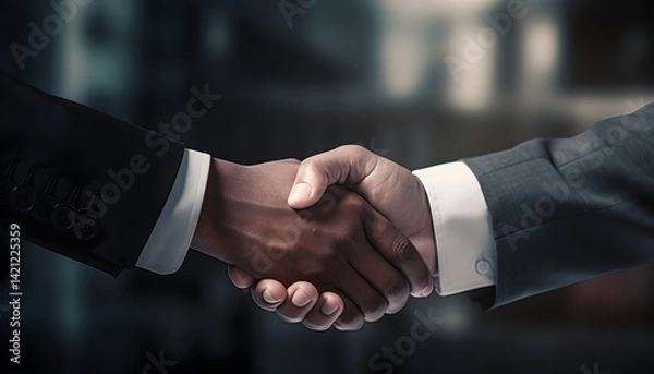 Fototapeta Close-up of two business people in suits shaking hands, symbolizing agreement or partnership, with warm natural light and blurred office background for corporate concept