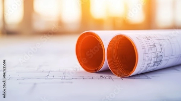 Fototapeta Architectural blueprints rolled up on a construction site with warm sunlight streaming in the background