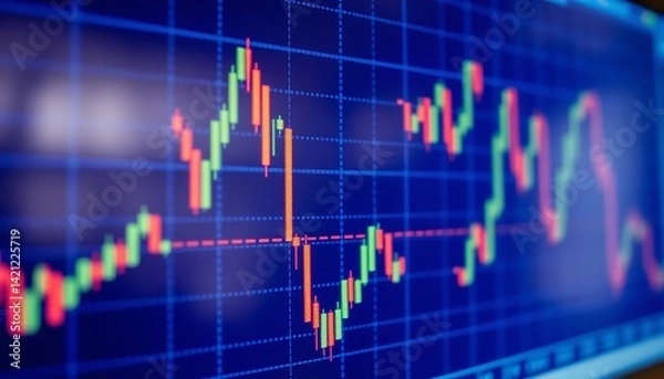 Fototapeta Financial Stock Market Data Chart Graph Candlestick Analysis Investment Trading Business Economic red loss risk blue price green  