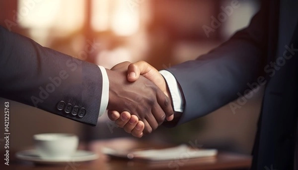 Fototapeta Close-up of two business people in suits shaking hands, symbolizing agreement or partnership, with warm natural light and blurred office background for corporate concept