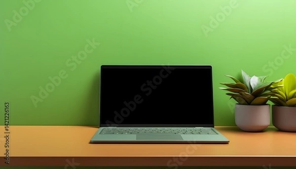 Obraz Minimalist workspace with laptop, green plants, and stationery on wooden desk against green wall