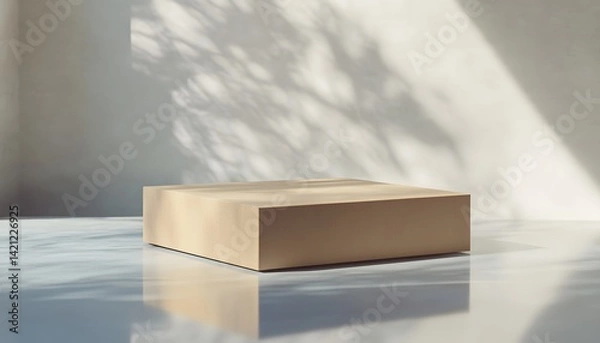 Fototapeta Closed cardboard box with tape in soft natural light and shadows on neutral background