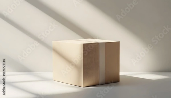 Fototapeta Closed cardboard box with tape in soft natural light and shadows on neutral background