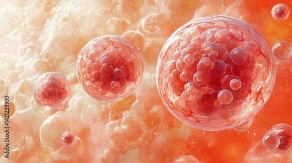 Fototapeta 3D rendering of dendritic cells and macrophage cells attacking cancer cell in human body, microscopic view of malignant tumor cells for medical research, oncology, health science, immunotherapy