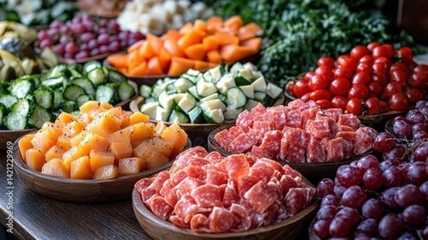 Fototapeta Colorful assortment of fresh fruits and vegetables arranged on a wooden table for a vibrant display