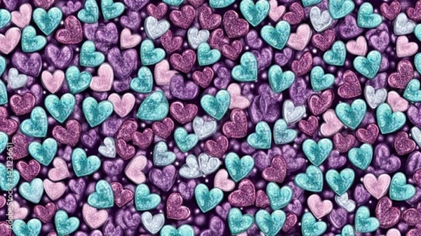 Fototapeta A vibrant abstract background filled with sparkling scattered purple, blue, and pink heart shapes on a deep blue backdrop, representing love, unity, and celebration of perfect for Valentine's Day