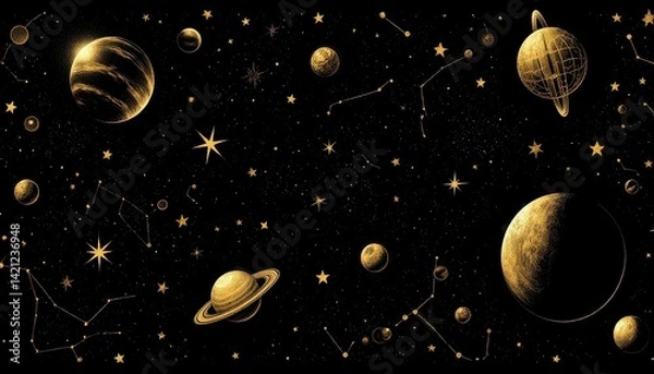 Fototapeta Illustration of stars, planets, constellations, and dots, on a dark background