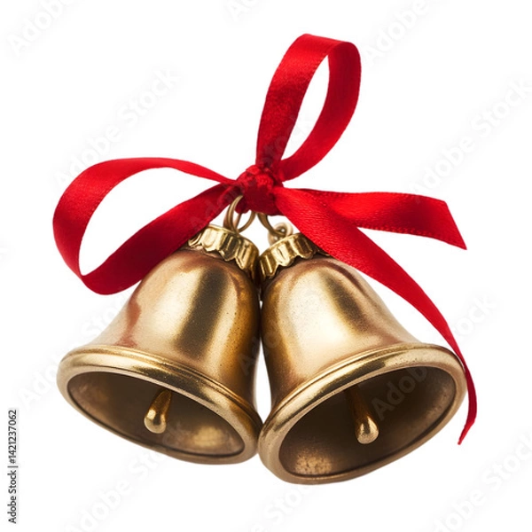 Obraz Golden Bells with Red Ribbon: Perfect Christmas Decoration Image on white background