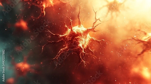 Fototapeta 3D rendering of dendritic cells and macrophage cells attacking cancer cell in human body, microscopic view of malignant tumor cells for medical research, oncology, health science, immunotherapy