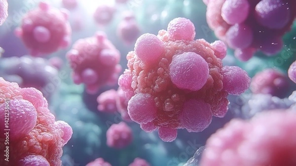 Fototapeta 3D rendering of dendritic cells and macrophage cells attacking cancer cell in human body, microscopic view of malignant tumor cells for medical research, oncology, health science, immunotherapy