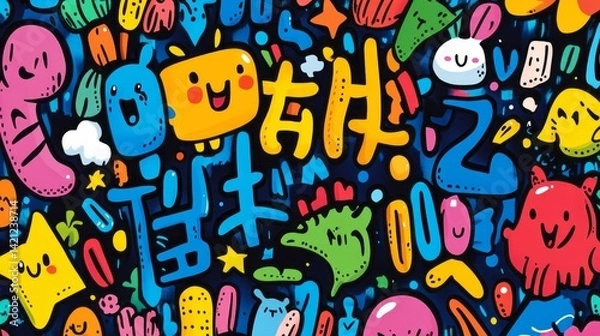 Fototapeta Colorful abstract graffiti with cute cartoon characters and chinese words