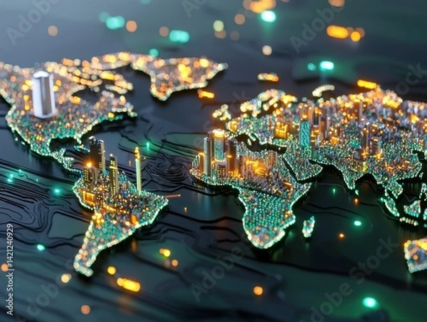 Obraz A glowing 3D map of the world, showcasing vibrant cities and intricate details.
