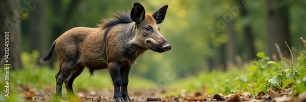 Fototapeta A wild boar stands gracefully in a lush forest surrounded by vibrant greenery.