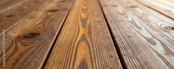 Fototapeta Close-up of textured wooden floor boards showcasing natural patterns and colors.