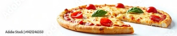 Fototapeta Delicious cheese pizza with fresh toppings and a crispy crust ready to be enjoyed.
