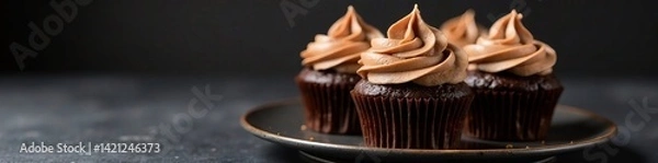 Fototapeta Delicious chocolate cupcakes with creamy frosting on a dark background.